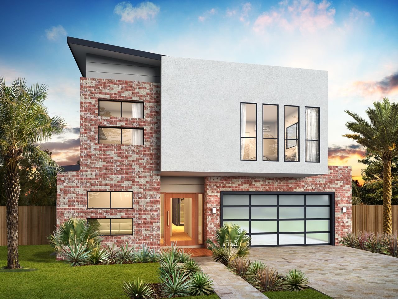 Contemporary house exterior with narrow walkway and grass meadow with exotic plants under blue cloudy sky